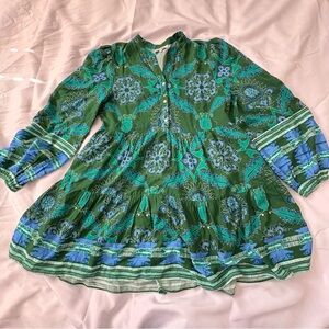 CELINA MOON M Teal and Emerald Floral Dress Long Sleeve